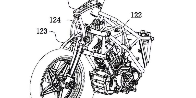 Patent Front view of the rumoured Girder Fork developed by CFmoto for an upcoming CFmoto motorcycle